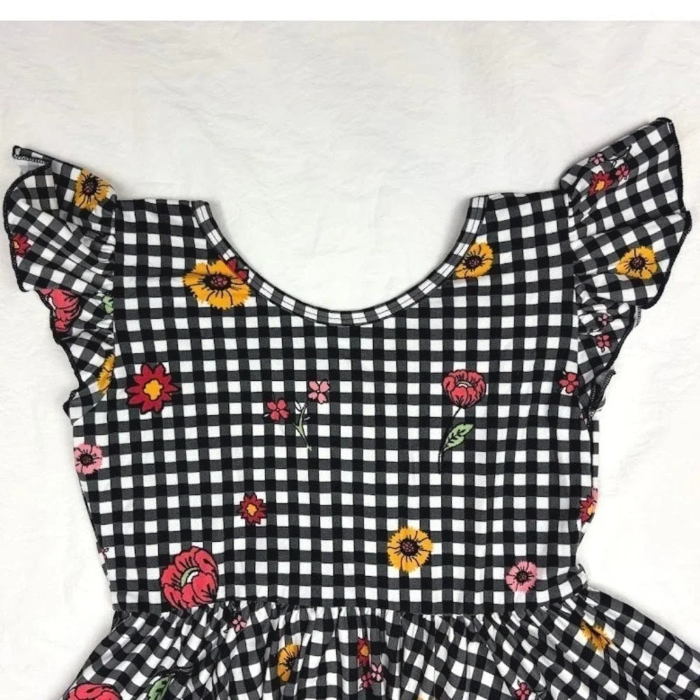 Dot Smile Girl 8 10 Empire‎ Black White Gingham Flower Floral Dress V Neck NWT